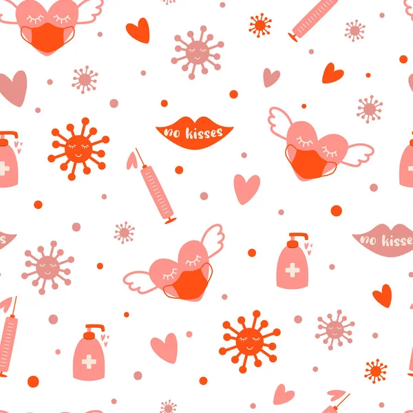 コヴィッド・バレンタインの日のパターン。顔のマスクで心臓、コロナウイルス保護、ウイルス、距離愛の背景. — ストックベクタ