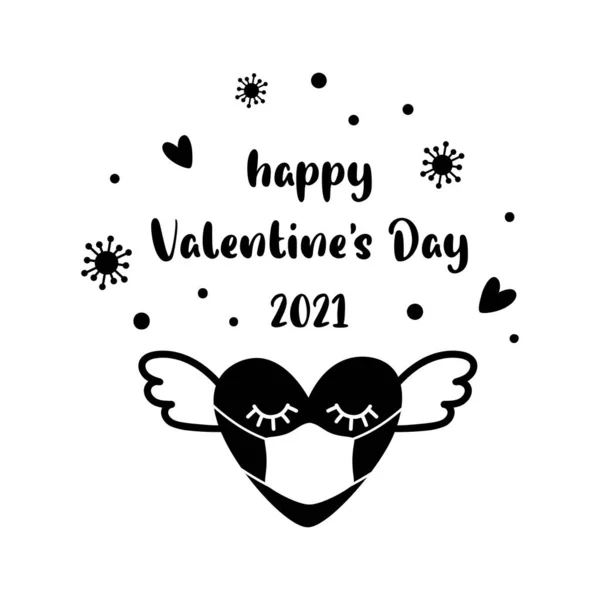 Happy Valentines day 2021 Covid Coronavirus 14 Φεβρουαρίου Μαύρη καρδιά με μάσκα και φτερό Πανδημικό στοιχείο αγάπης — Φωτογραφία Αρχείου