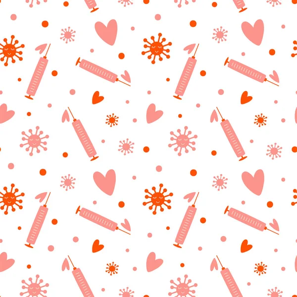 Covid Valentines Day Seamless Pattern Pink Heart Coronavirus Protection Virus — Stock Vector