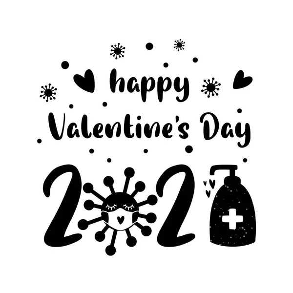 Covid Valentines Day2021 Karanténa Koronavirus Masce Dezinfekce Černý Izolovaný Koncept — Stockový vektor