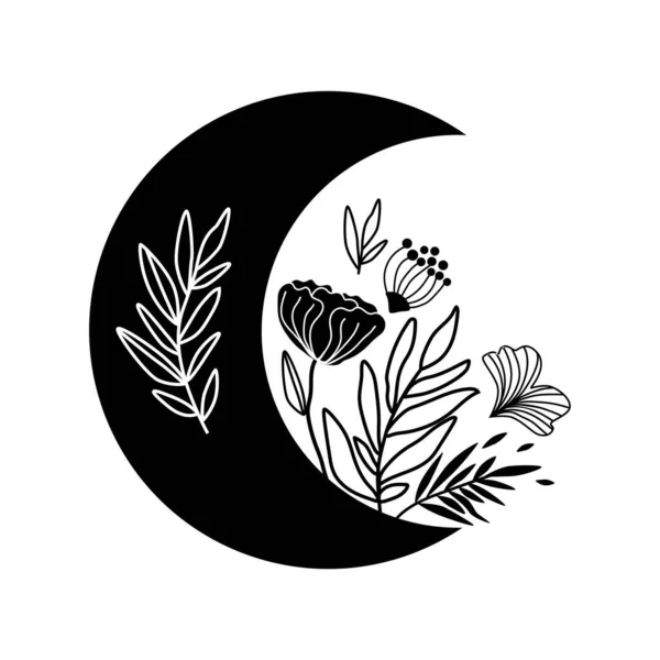 花の月のロゴ 美しい黒い月の入れ墨 天体の三日月は隔離された 花や葉で月を描く手 ボホ要素 部族の月の図形のグラフィックデザイン ラマダーンのシンボル ベクターイラスト — ストックベクタ