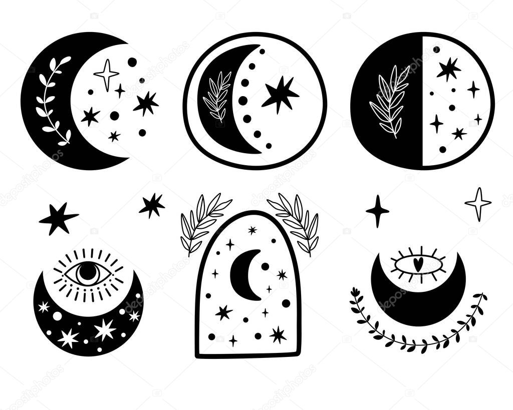 Boho moon set. Celestial moon logo collection. Moon and stars isolated elements. Contemporary aesthetic magic moon.
