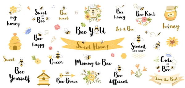 Berbahagialah. Funny bee mengutip frasa yang ditetapkan dengan bunga madu hati lebah slogan kata madu valentine - Stok Vektor