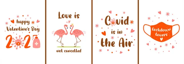 Conjunto de tarjetas Covid Valentines. 2021 Banner de amor de cierre rosa. Mascarilla rosa, Covid está en el aire — Vector de stock
