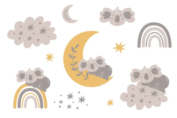 Bonito bebê coala dormindo na coleção clipart lua Cinza crianças lua, animal bebê, arco-íris nuvem, estrelas —  Vetores de Stock