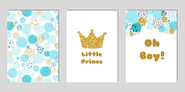 Küçük prens bebek hediye kartı seti. Bebek partisi için mavi davetiye tasarımı. Altın taç. — Stok Vektör