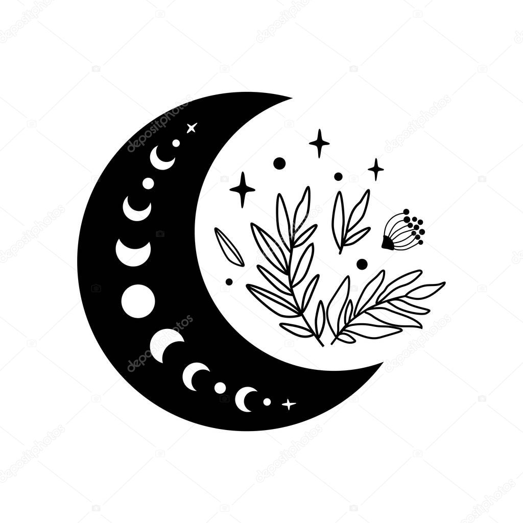 Floral moon logo. Moon phase flowers. Black moon icon. Celestial crescent isolated element. Hand drawing