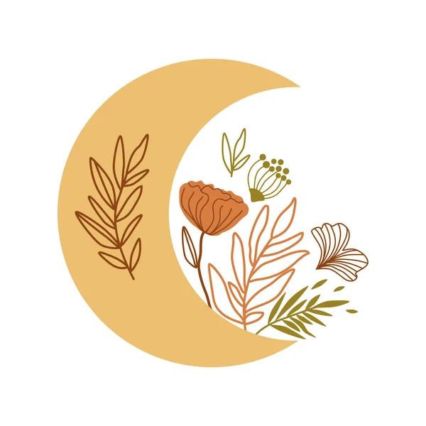 Tatuaje de luna creciente floral Hermosa media luna romántica en boho Elemento de luna botánica Naturaleza — Vector de stock