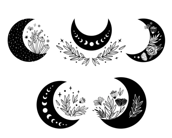 Clipart Luna Floral Fase Lunar Conjunto Flores Icono Luna Negra —  Fotos de Stock