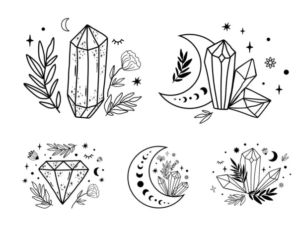 Hemelse set. Maan kristal ingesteld. Handgetekende lijnen magische hemelse kristallen, sterren bloemen. Mystiek boho-element. — Stockvector