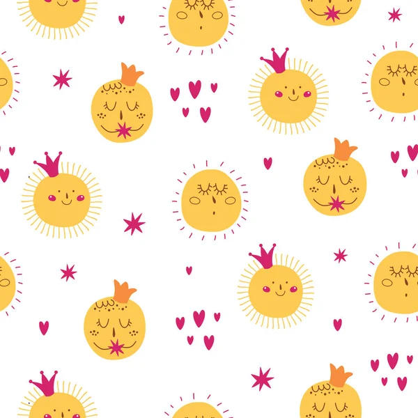 Kids sun pattern. Cute smiling sun character. Pink crown, hearts. Girly sunny seamless pattern. — Stock Vector