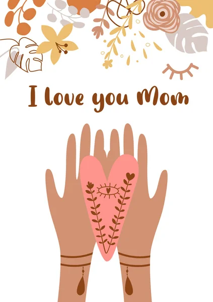 Cartão de dia das mães. Amo-te mãe. Boho mãos segurar coração Boho mães banner dia. Ilustração boémia floral —  Vetores de Stock