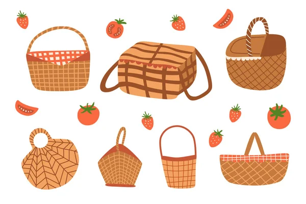 Picnic baskets set isolated graphic elements. Picnic baskets doodle icon collection. Outdoor picnic.