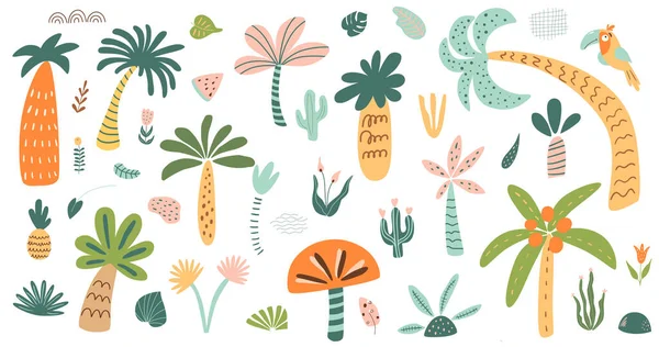 Leuke palmboom geïsoleerd. Gestileerde palmboom collectie. Kindersafariboom Boselementen. Jungle tropische bomen. — Stockvector