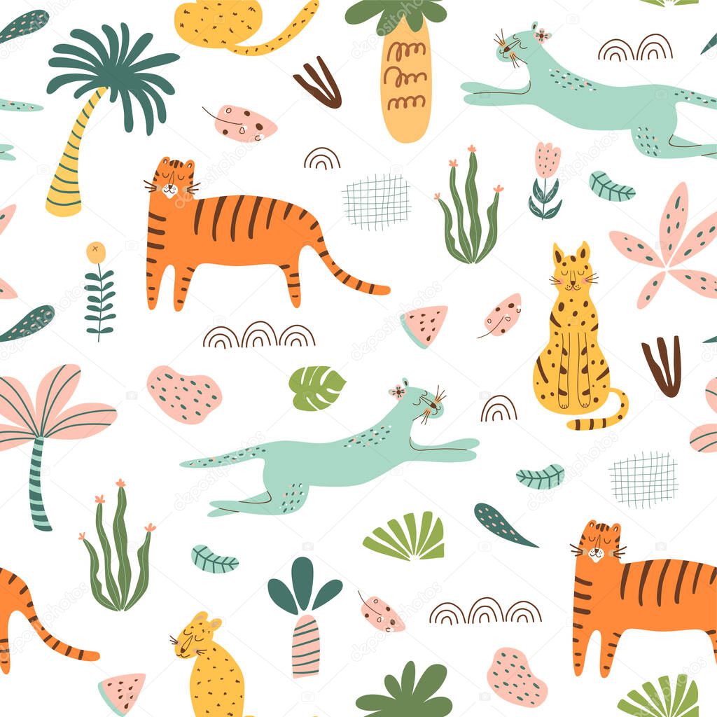 Safari kids pattern. Funny jungle seamless pattern. Palm trees, safari leopard, tiger, cactus doodle textie background.