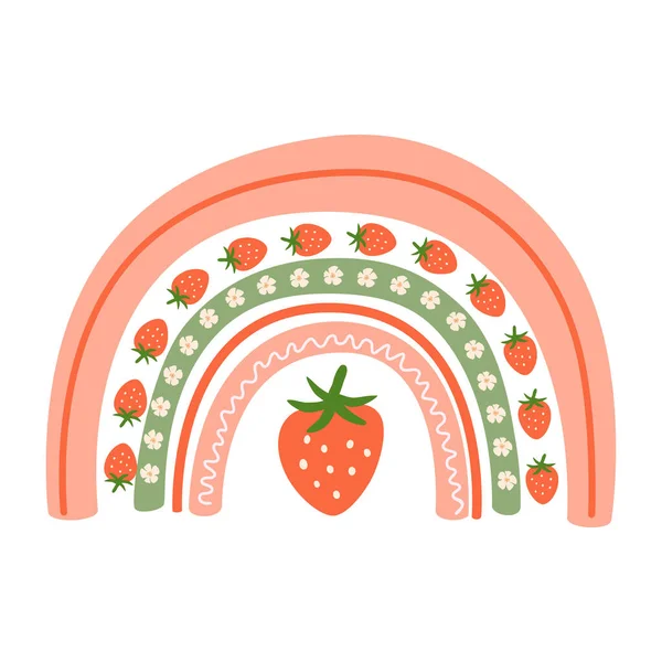 Το χέρι της φράουλας. Καλοκαιρινή φράουλα Ρέτρο φράουλα σε ουράνιο τόξο. Εκτύπωση καλοκαιρινών φρούτων — Διανυσματικό Αρχείο