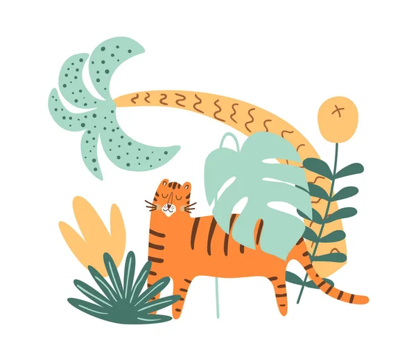Tigerdschungel, Tigersafari, tropische exotische Palmenblätter. Dschungel-Raubtier im niedlichen, handgezeichneten Stil. — Stockfoto