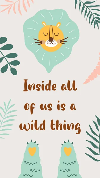 Wildes Zitat, wildes Tier, Safari-Löwe. Wilde Phrase für Social-Network-Story. Tropisches Banner Inspirierende wilde Worte. — Stockvektor
