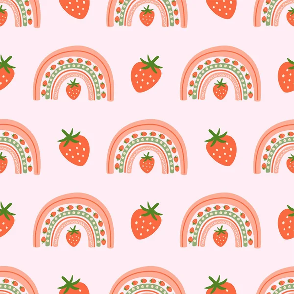 Zomer Regenboog Patroon Roze Aardbeienpatroon Summer Berry Fruit Regenboog Naadloze — Stockvector