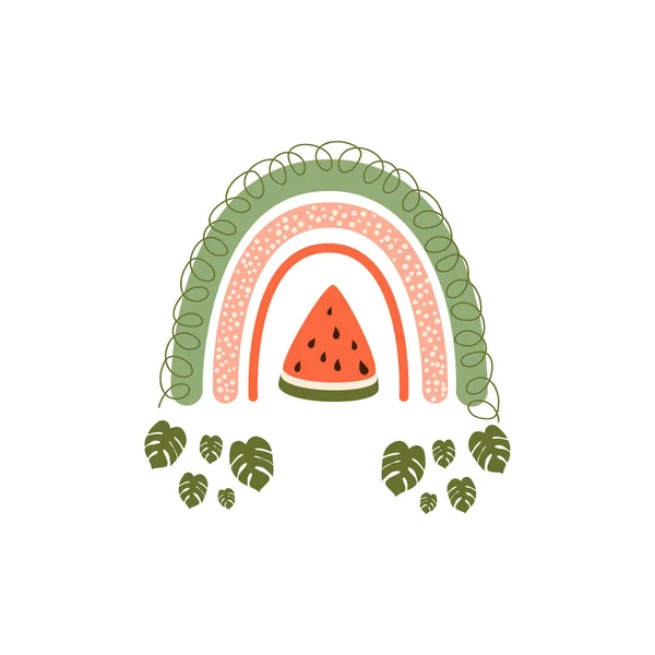 무지개 Cute Watermelon Monstera 무지개 그래픽 일러스트 무지개 디자인 손으로 — 스톡 벡터