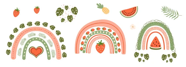 Καλοκαίρι ουράνιο τόξο. Ουράνιο τόξο, καρπούζι, φράουλα, τροπικά φύλλα, monstera Καλοκαιρινά γραφικά στοιχεία — Διανυσματικό Αρχείο