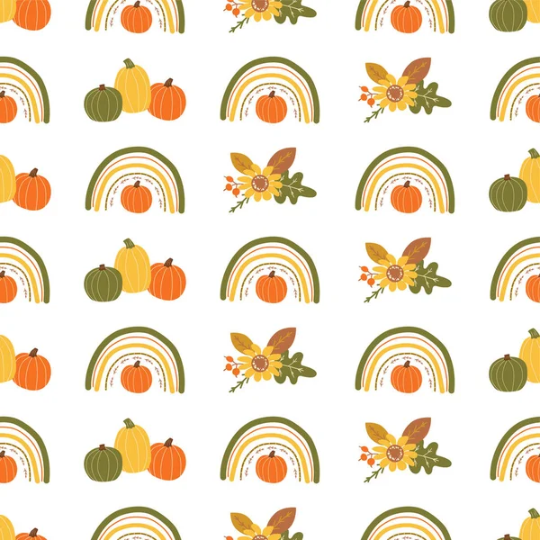 Herfst regenboog pompoen patroon Schattige herfst naadloze achtergrond voor de herfst seizoen. Kleine regenboog. Thanksgiving tijd — Stockvector