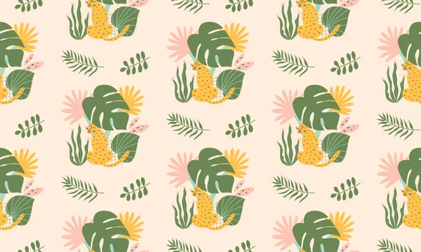 Σχέδιο λεοπάρδαλης ζούγκλας, αφρικανικό παιδιάστικο μοτίβο Αστεία ζούγκλα αδιάλειπτη μοτίβο. Χαριτωμένη λεοπάρδαλη σαφάρι, ιαγουάρος, τροπικά φύλλα. — Διανυσματικό Αρχείο