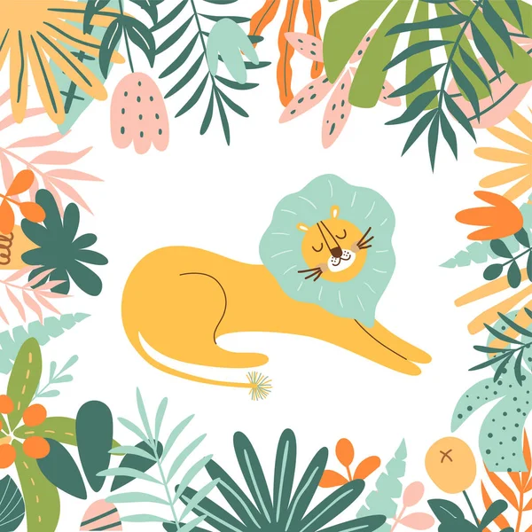 Leão na selva. Ilustração animal selvagem com plantas da selva. Cartão postal do zoológico brilhante. Leão da selva doce — Vetor de Stock
