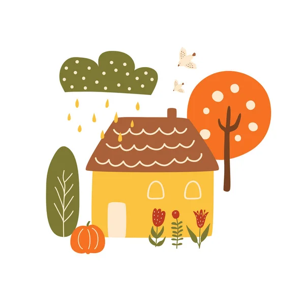 秋の気分秋の家の子供のイラスト。秋の町、カボチャ、隔離されたカントリーハウス. — ストック写真