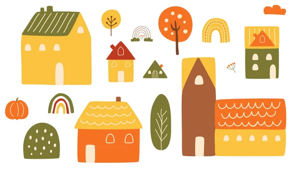 コテージ田舎かわいい家を設定します。農村の家のコレクション。秋の風景の建物の木カボチャ — ストックベクタ
