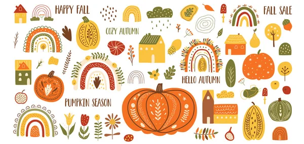 Autumn elements vector set. Autumn rainbows, pumpkins, houses. Fall clipart, harvest set, fall season elements — Stock Vector