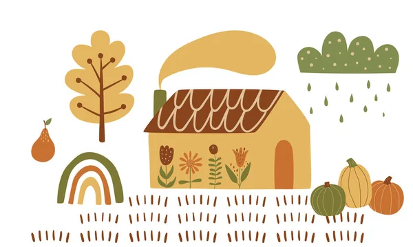 Cabaña de otoño, calabaza. Casa rural, cosecha de otoño, jardín, campo. Otoño pueblo paisaje elemento — Archivo Imágenes Vectoriales