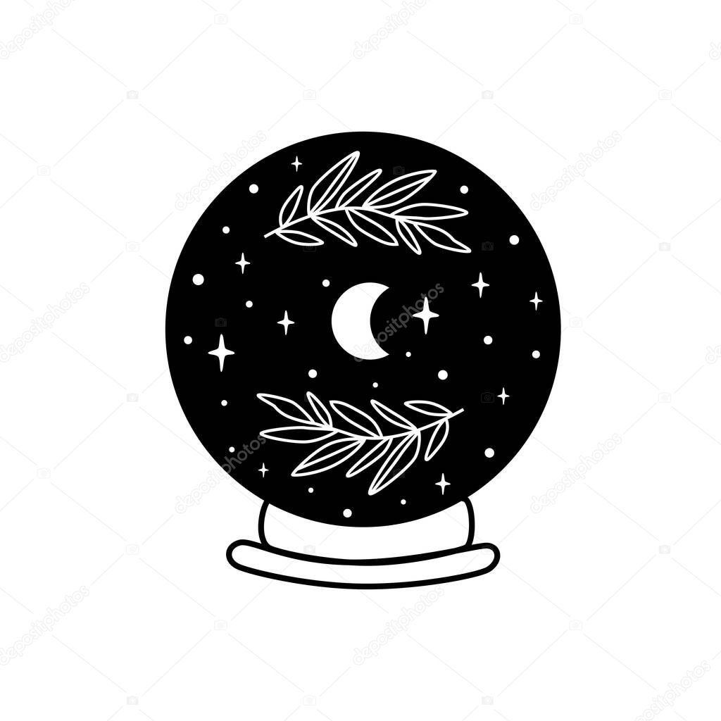 Moon into crystal ball. Celestial moon, stars, floral branch. Mystical moon witch graphic element isolated. Celestial crescent vector illustration. Mystery, witchcraft, halloween symbol. Magic ball.
