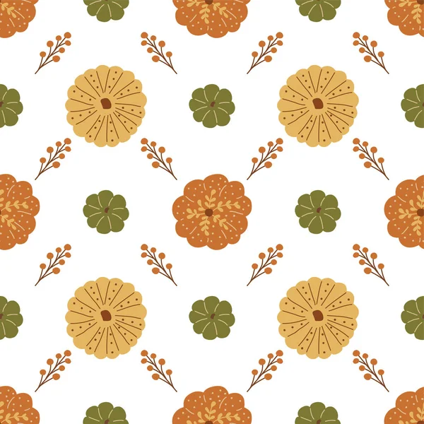 Vue du dessus du motif citrouille. Jolies citrouilles décoratives d'Action de grâces, fond de récolte d'automne, baie d'automne. Modèle sans couture automne. Illustration vectorielle dessinée à la main. Patch de citrouille. — Image vectorielle