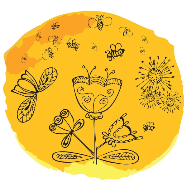 Vector söta doodle sommarblommor med bi på akvarell solen. — Stock vektor