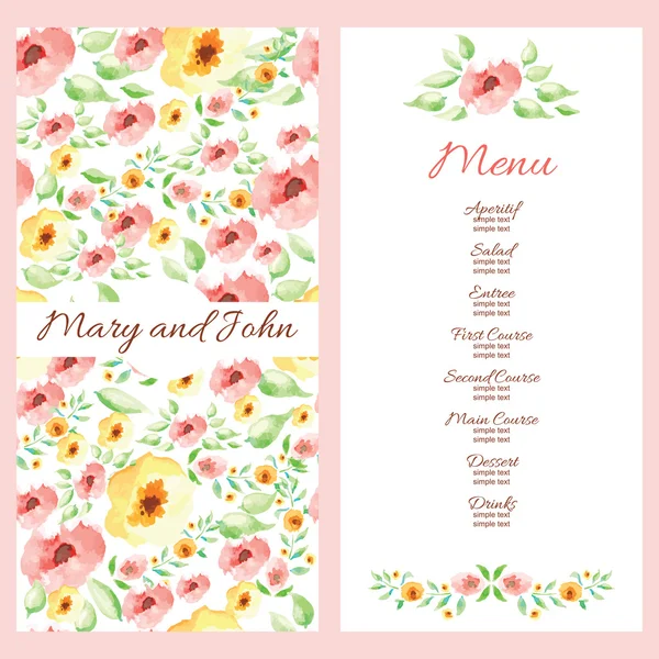 Bruiloft menu ontwerp met hand getrokken bloemen. — Stockvector