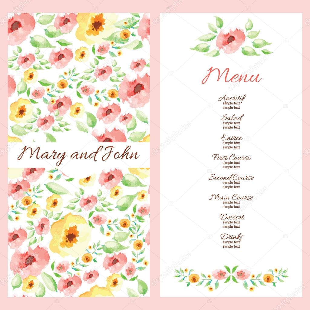 Wedding menu design with hand drawn flowers.