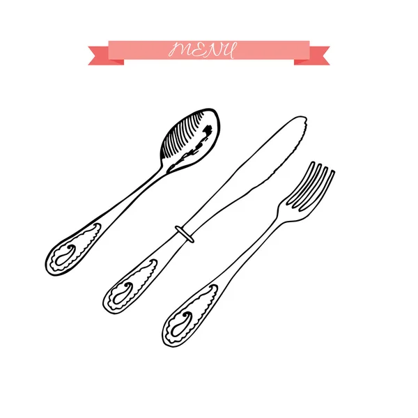 Fork, Knife, Spoon hand drawing sketch set. Cutlery collection. Restaurant symbol set. — Stock Vector