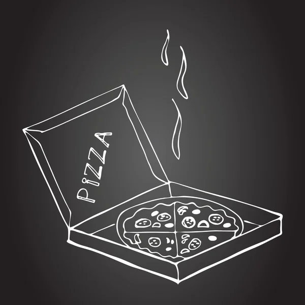 Pizza disegnata a mano in scatola su una lavagna — Vettoriale Stock