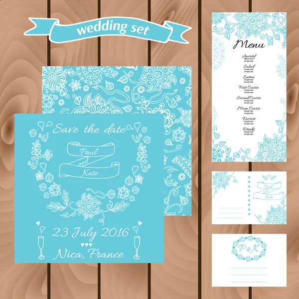 Wedding invitation card suite with daisy flower. Templates — Stock Vector