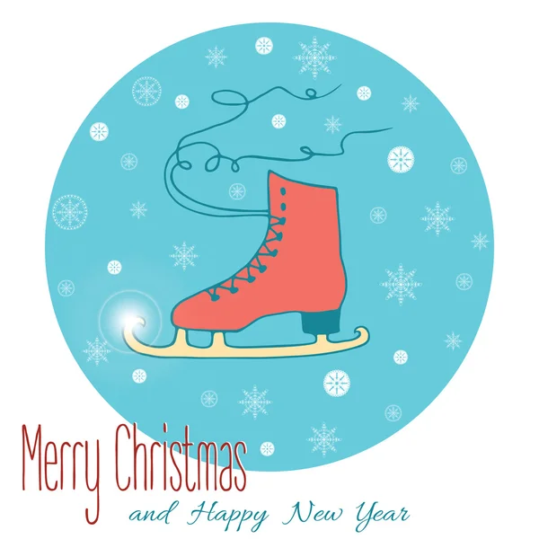 Voorraad vector christmas wenskaart met een schaatsen op lichte blauwe backgraound met snoawflakes — Stockvector