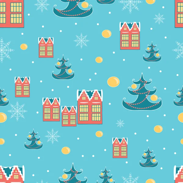 Christmas wrapping paper achtergrond met Nederlandse huizen, kerstboom en sneeuw op retro blauwe achtergrond. Vectorillustratie. — Stockvector