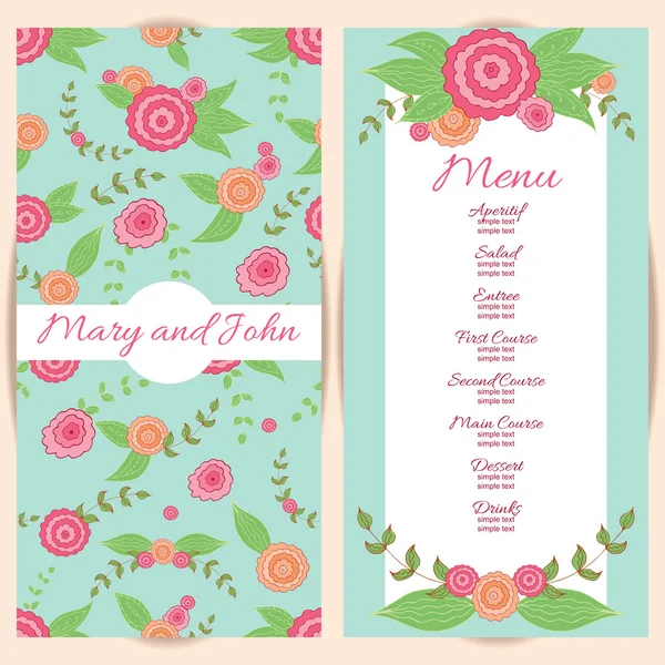 Bruiloft menu ontwerp met hand getrokken bloemen. — Stockvector