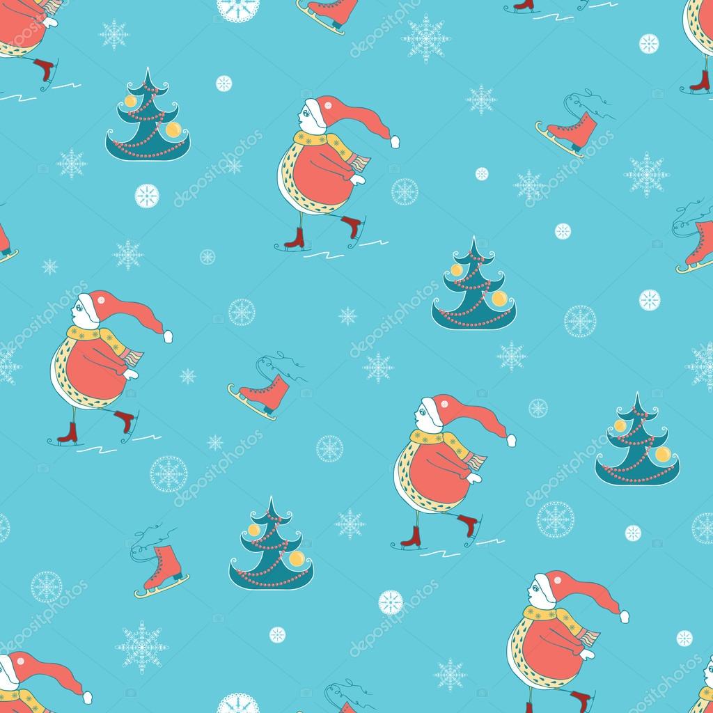 Christmas Wrapping Paper Background With Snowman Christmas Tree And Skate On Retro Blue Background Vector Illustration Stock Vector C Tkuzminka 87089142