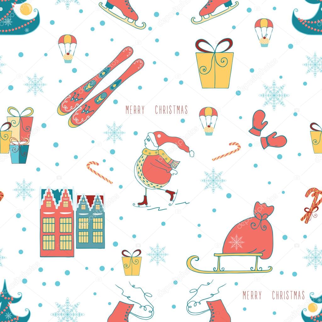 Christmas wrapping paper background with Snowman, Christmas tree and Skate on white background. Vector illustration.