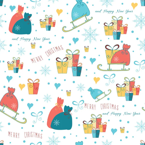 Christmas wrapping paper background with box of gifts and Santa sledge. — Stock Vector