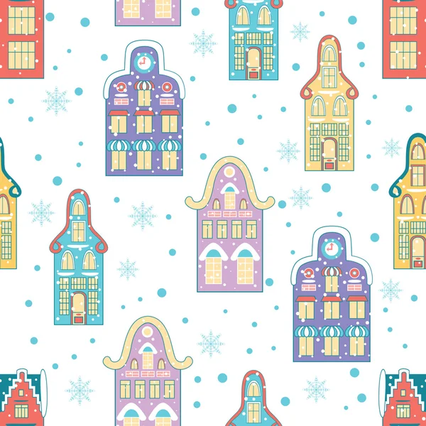 冬市シームレス パターン。降雪クリスマス冬の背景。かわいいレトロな布飾り. — ストックベクタ