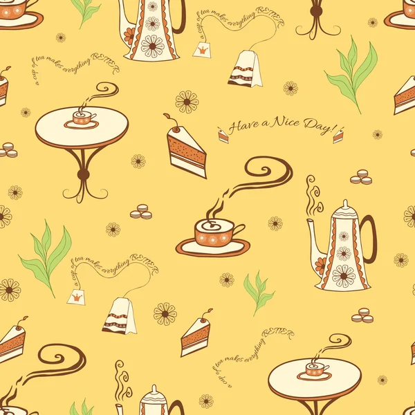 Fondo sin costuras vectorial con una taza de té, tetera, pastel, mesa linda y bolsa de té hecha en estilo garabato . — Archivo Imágenes Vectoriales