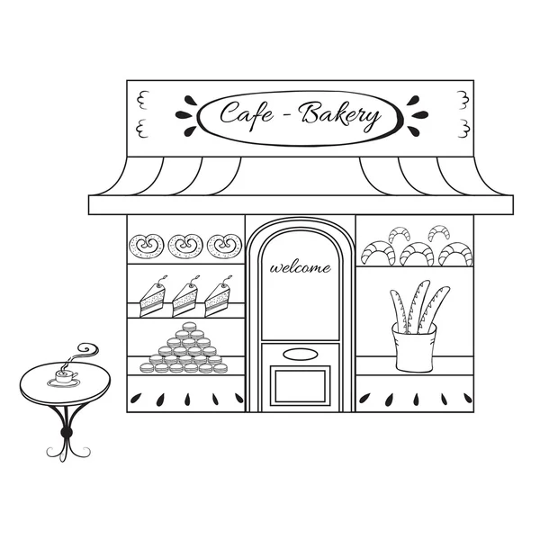 Bakery shop building facade with signboard. Hand drawn illustration or icon. — Stock Vector