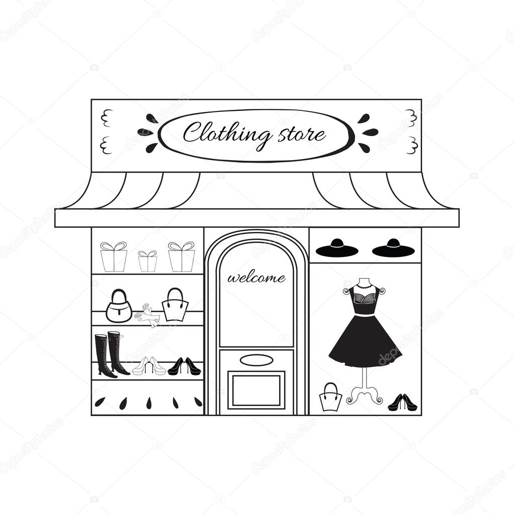 Storefront with a lot of different elements - woman dress, shoes, hat, bag.
